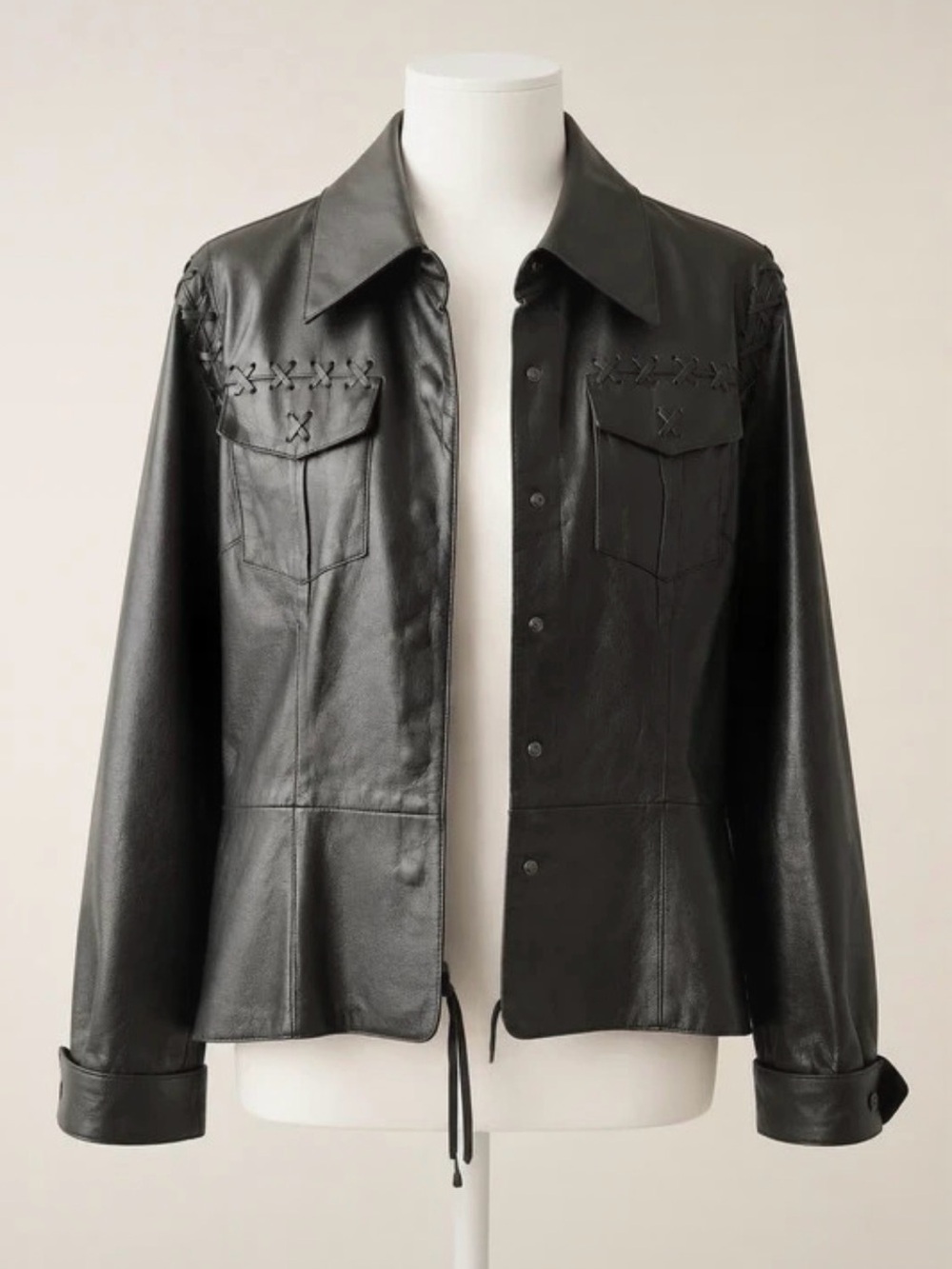 Vintage Newport News Jeanology Black Leather Lace Up Biker Jacket Size S